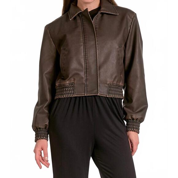 NEW ELAN genuine leather cropped bomber jacket in brown